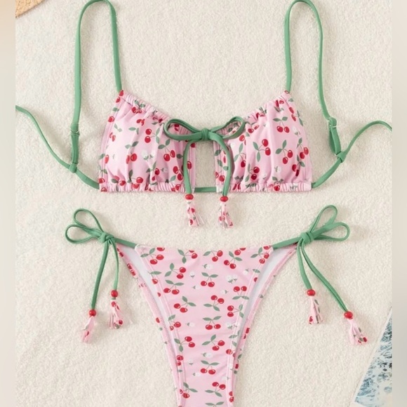 Pretty Woman Boutique Other - Pink Cherry Print Tassel Accents Cheeky Bikini Set